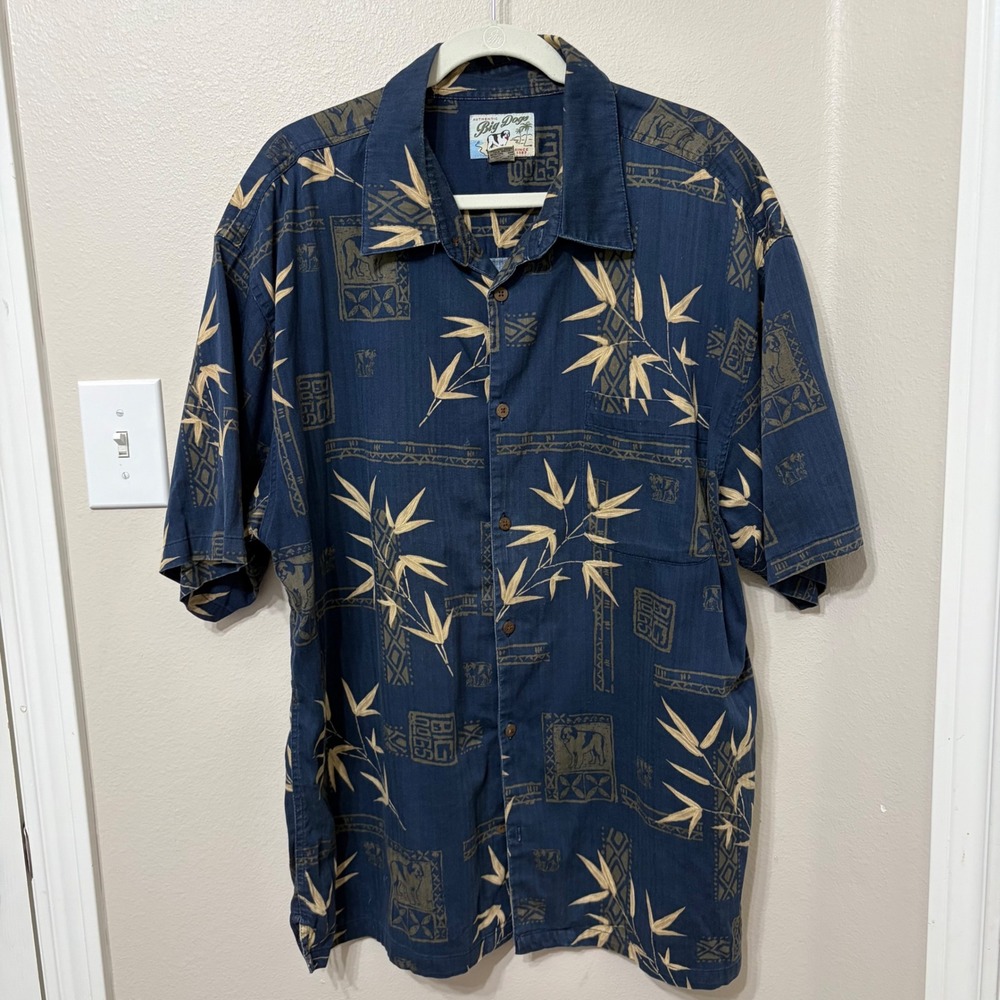 Big Dogs Mens 2X Navy Blue Bamboo Tribal Dog Print Short Sleeve Button Shirt